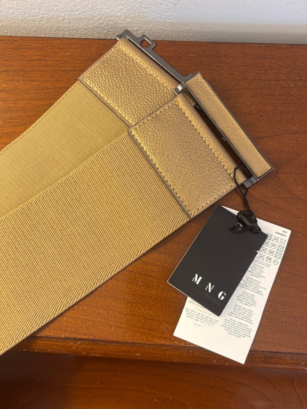 NWT MNG Mango Wide Elastic Stretch Belt Beige Tan Metallic Buckle OS